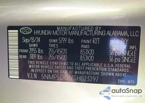 2025 Hyundai Santa Fe Hybrid Calligraphy z USA, uszkodzony, nr VIN 5NMP5DG17SH023297